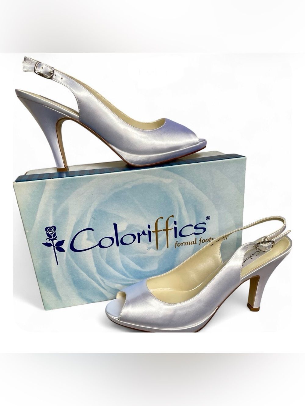 NIB Coloriffics White Satin Open Toe Slingback Heels Style 5990 Size 9.5M